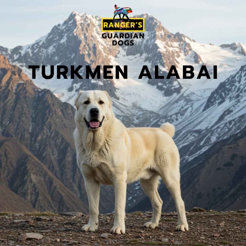 Turkmen Alabai Central Asian Shepherd Dog standing on a mountain in Central Asia.