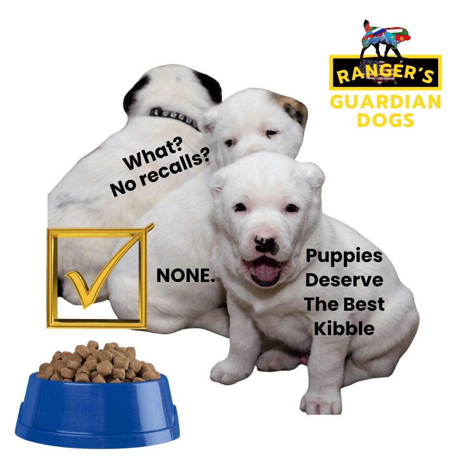 Turkmen Alabai guardian dog puppies sitting in front of a bowl of premium kibble puppy food with no recalls.