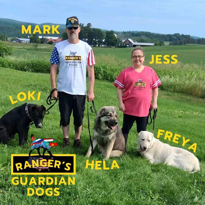 Photograph of the owner's of Ranger's Guardian Dogs, standing in the grass with their Central Asian Shepherd Guardian Dogs: Loki, Hela and Freya.
